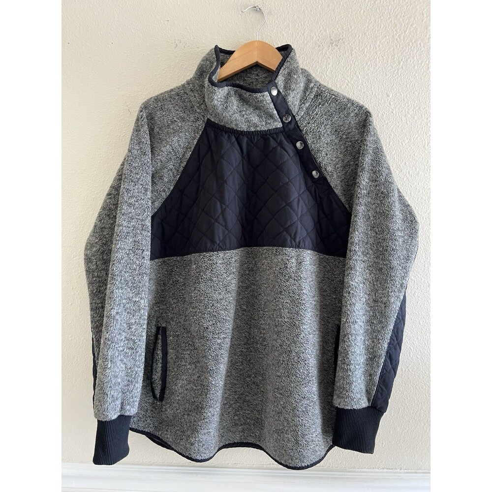 Abercrombie Fitch Womens L Gray Fleece Sherpa Pullover Quilted Snap Neck Jacket
